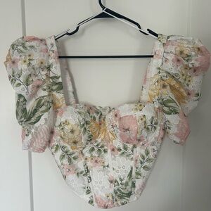 Floral Lace Puff-Sleeve Corset Top - White/Pink/Green